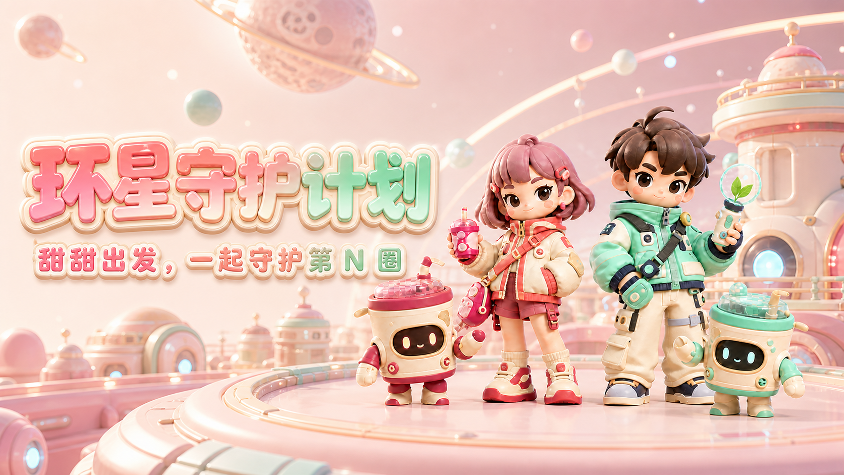 糖果色环星世界中的人类伙伴与奶茶机器人，《环星守护计划》主视觉